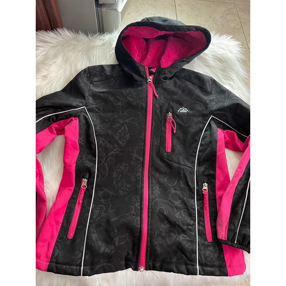 Snozu Girls Black Pink Fleece Lined Jacket Coat Foral Pattern Size M 10/12